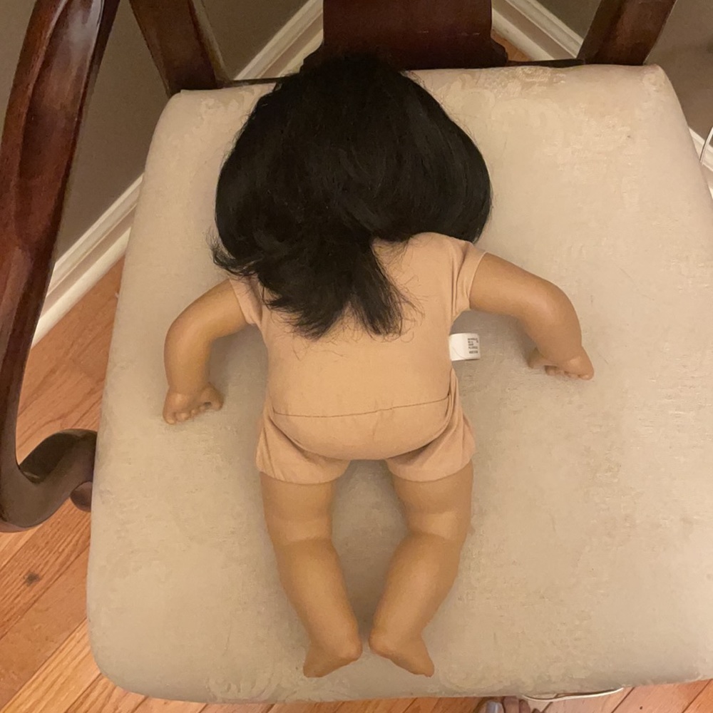 American Girl Bitty Baby doll with black hair, dark brown eyes, marker on face - Picture 3 of 9